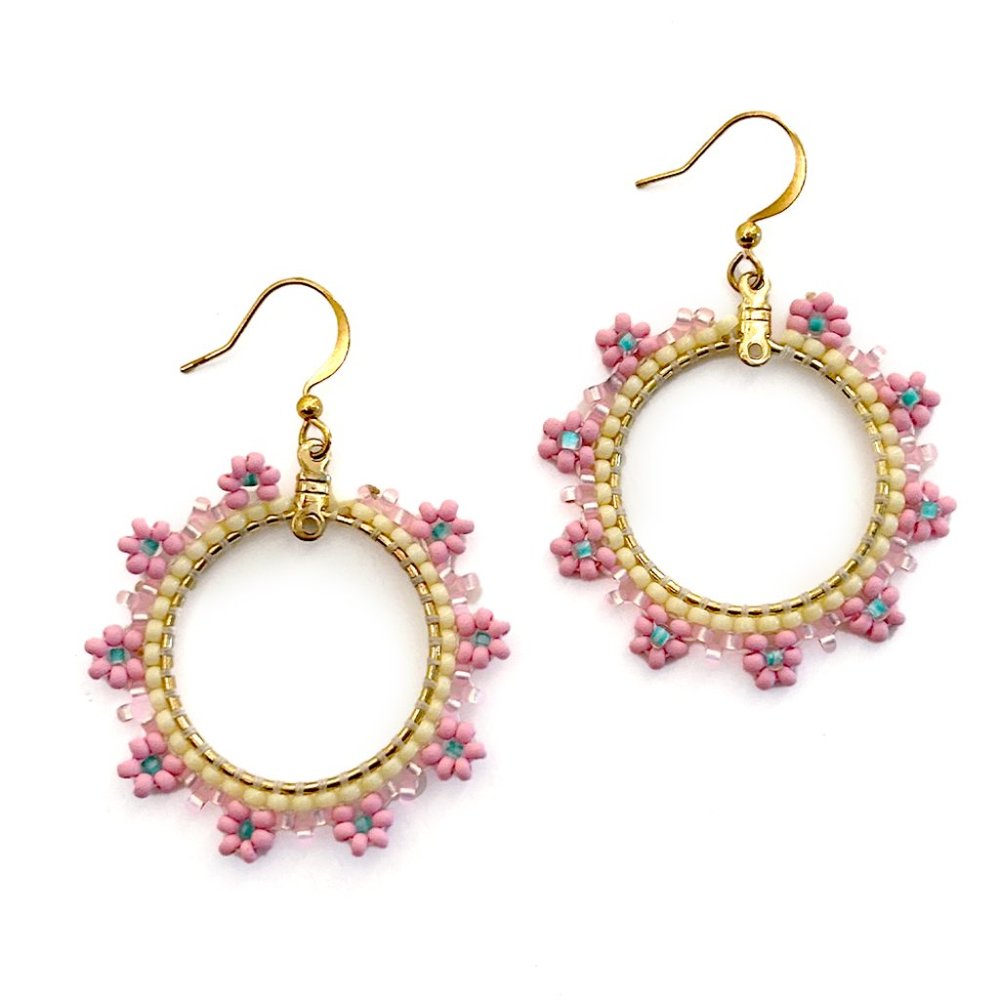 Handmade Gold & Pink Flower Bead Earrings